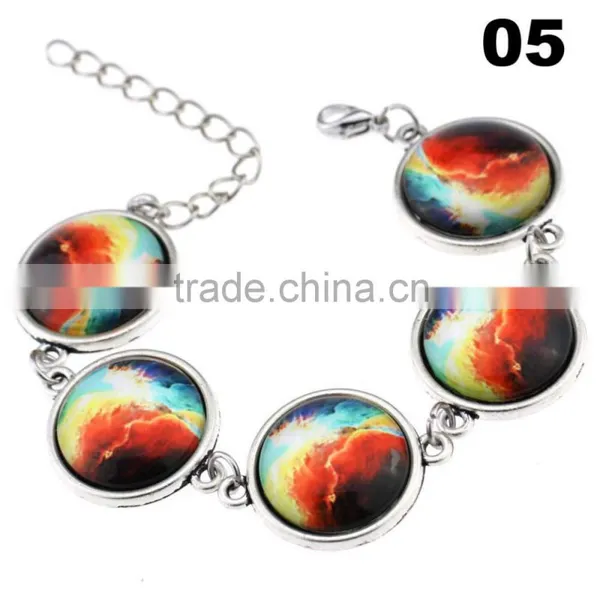 Wholesale Cabochon Glass Nebula Bangle -Galaxy Space -Novelty Metal Cuff Chain Bracelet photo-6