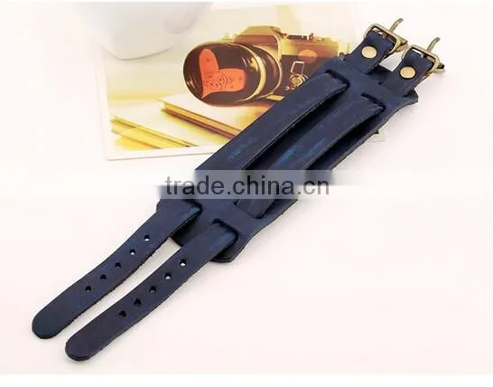 Top Quality Men's Biker Simple Stainless Steel Black Leather Bracelet photo-2