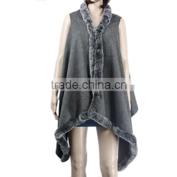 New Production Cashmere Cape With Fur Trim Rabbit Fur Trim Fur Shawl KZ150097