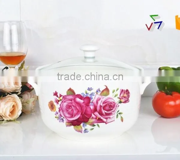 8"Porcelain microwave oven round pot with glass lid