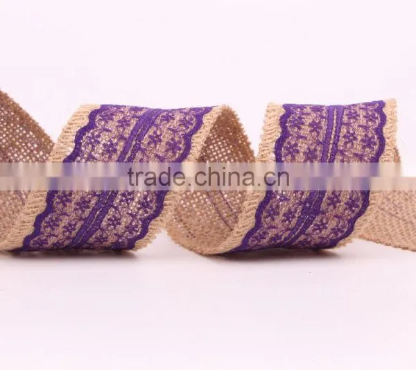 Jute Burlap Natural Hessian Ribbon With Purple Lace Trim Wedding photo-4