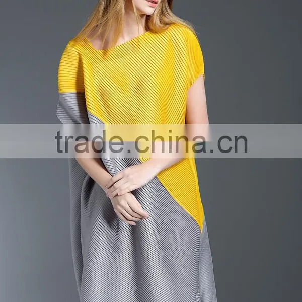 Women Pleat Trendy High Low Hem Design Sloping Shoulder Dress photo-4
