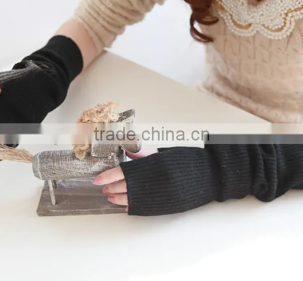 New Design Pure Color Knitted Elbow Length Fingerless Winter 100% Cashmere Gloves photo-4