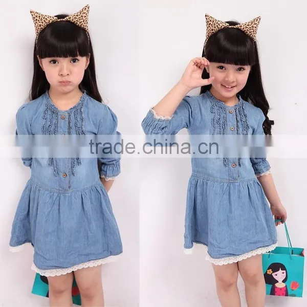 Fashion Kids Denim Blue Flower Lace Single-breasted Long Sleeve Girls Formal Dresses 20009 photo-3