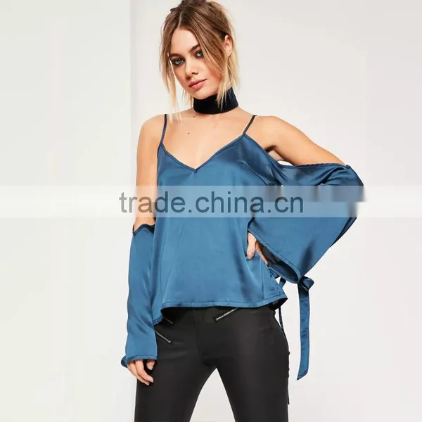 Stylish Sweet Girl Blouses Cold Shoulder Long Sleeve Satin Tops photo-4