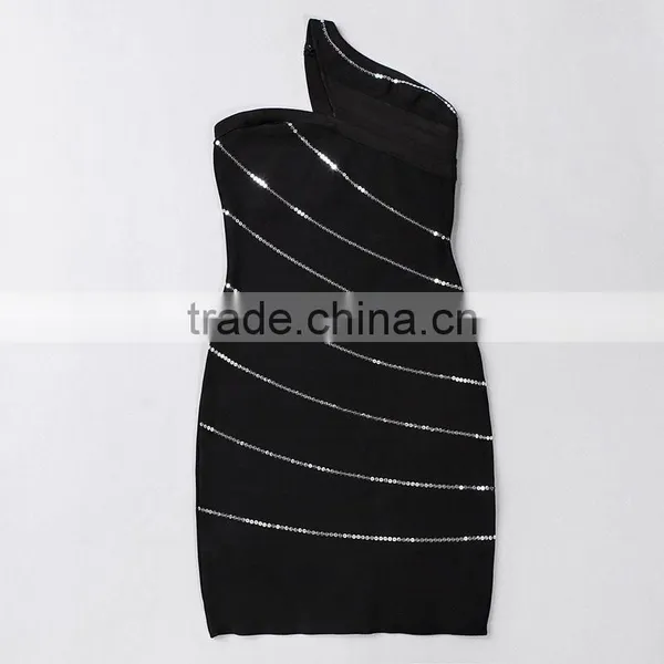 New Designer One Piece Sexy Flash Stripes Black One-shoulder Party Dress photo-4