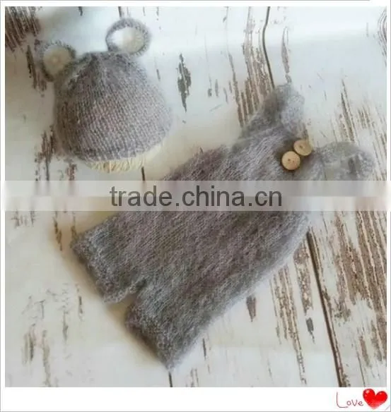 Newborn Mohair Bonnet and Romper Sets Handmade Knitted Overall Handmade Knitted Baby Bear Bonnet Newborn Hoodeed Knit Romper photo-2