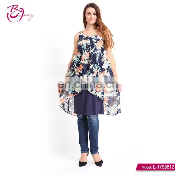 Sleeveless Flower Print Ladies Modern New Pleated Dress photo-3