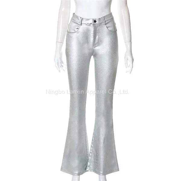 Women Metallic Silver Flare Pant Belted Wide Leg Low Rise Iridescent Flare Jeans photo-3