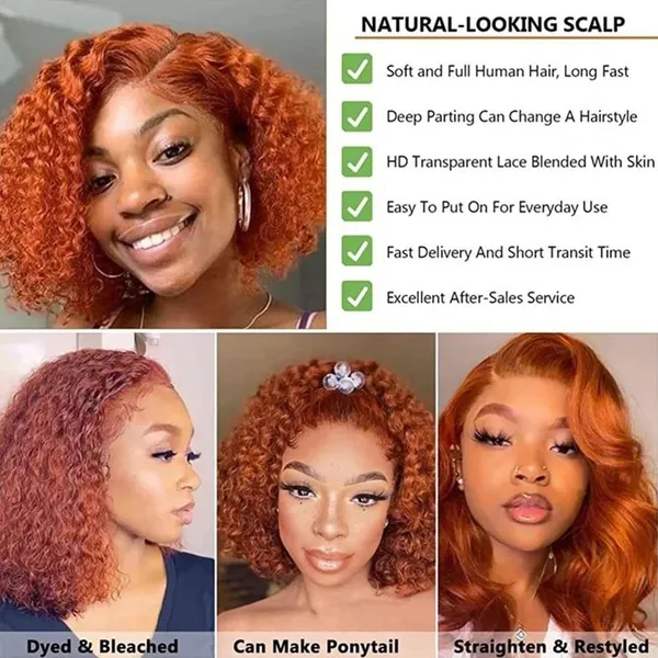 Ginger Orange Deep Wave Bob Wig Lace Front Human Hair Wigs For Black Women Human Hair Orange Ginger Color Curly Short Bob Wig photo-2