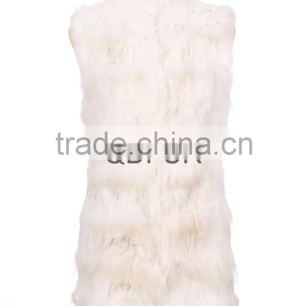 QD30304-1 White Rabbit Fur Vests With Raccoon Fur Patchwork Dresses for Woman Fur Waistcoat Lady Gilet
