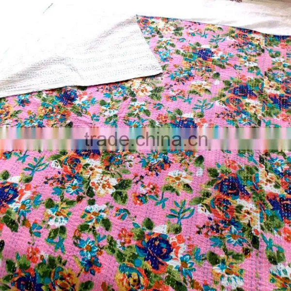 Queen Kantha Quilt Flower Garden Multi Pink Handmade photo-4