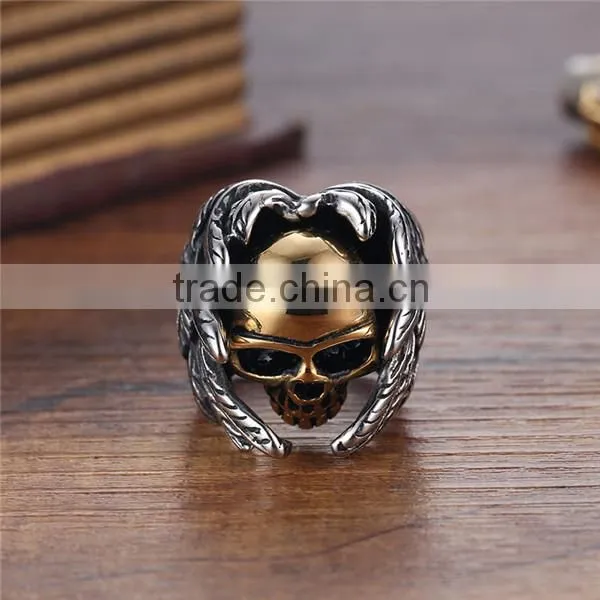 Gold Silver Vintage Gothic Wing Biker Surgical Stainless Steel Skull Ring for Man photo-4