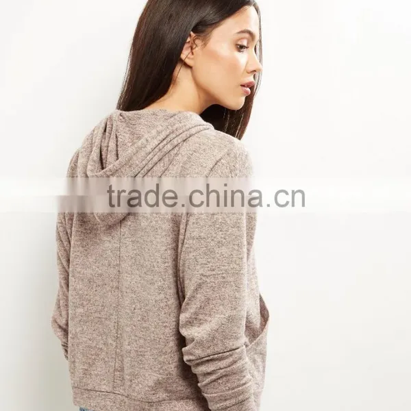 Crop Hoodies Women Simple Long Sleeves Grey Brushed Marl Cropped Top Hoodie photo-3
