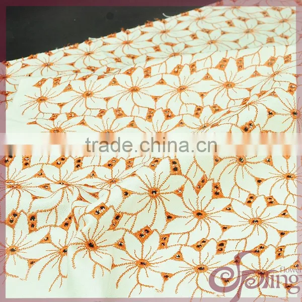 Orange All Over Flower Heavy Cotton Lace, Embroidery Design Fabric photo-2
