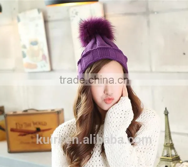 Puffs Fox Fur Ball Wool Cotton Hats Knitted Beanie Real Fox Furry Pom Pom Bomber Hats Bonnet Crochet Large Fluffy Ball Hats photo-5