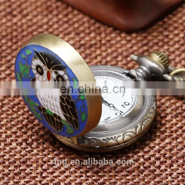 Antique Bronze Owl Pattern Enamel Round Pocket Watches photo-2