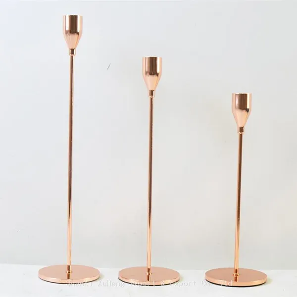 Wholesale Set of 3 Pieces Antique Wedding Rose Gold Black Pillar Tapered Metal Candle Stick Candlestick Holder For Home Decoration photo-3
