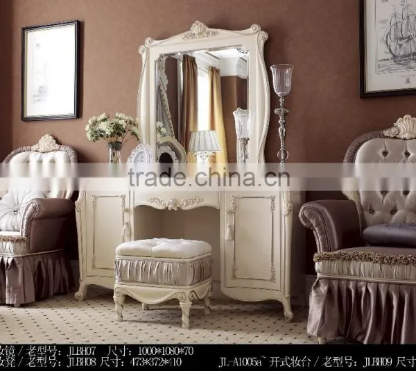 Royal European French Furniture Antique White Bedroom Sets Bed Bedside Table Wardrobe Dressing Table Bench Commode Chair photo-3