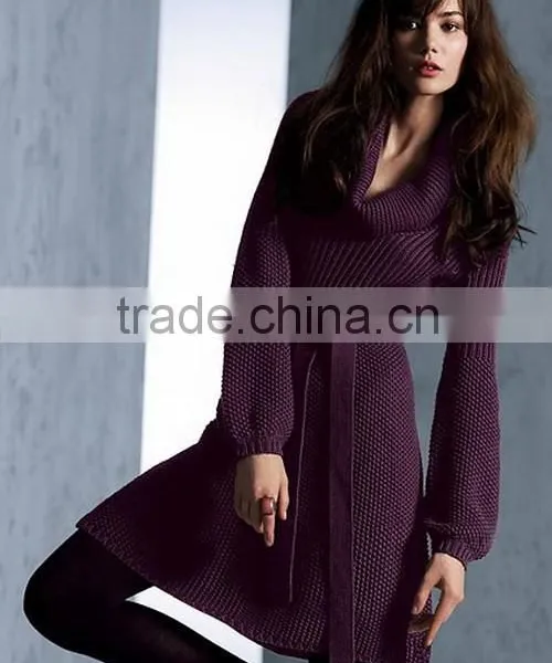 Ladies Winter Long Sleeve Purple Sweater Dress Acrylic Woolen Cotton Sweater Dress Fitted Sweater Dress
