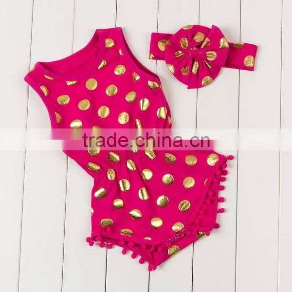 2017 Wholesale Baby Clothing Baby Girl Boutique Romper Fashion Gold Polka Dots Pompom Jumpsuit With Headband photo-5