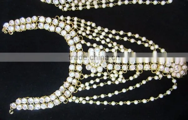 GOLD Tone Crystal Pearl PAYAL Anklets Toe Ring Barefoot Sandal photo-4
