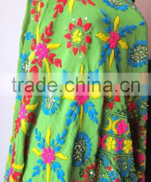 Green Multicolor PHULKARI GEORGETTE DUPATTA SHAWL, Sequin Hand Embroidery photo-5