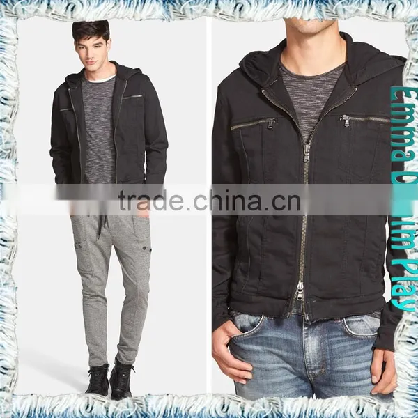 2016 Wholesale Autumn Fashion Men Zipper Soild Black Denim Jackets With Hooded photo-4