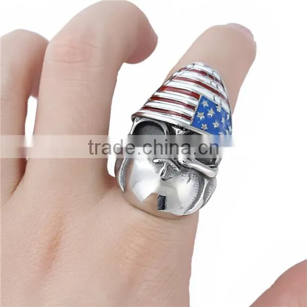 Titanium Steel Unadjustable Rings Antique Silver Multicolor Enamel Skull National Flag photo-3