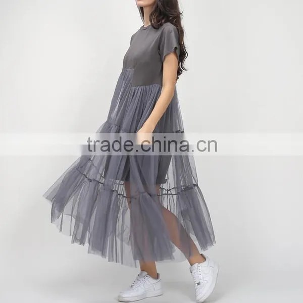 2016 Summer Loose Straight Short-sleeved Dress Women Round Neck Empir2016 Summer Loose Straight Short-sle Waist Layer Mesh Sweet