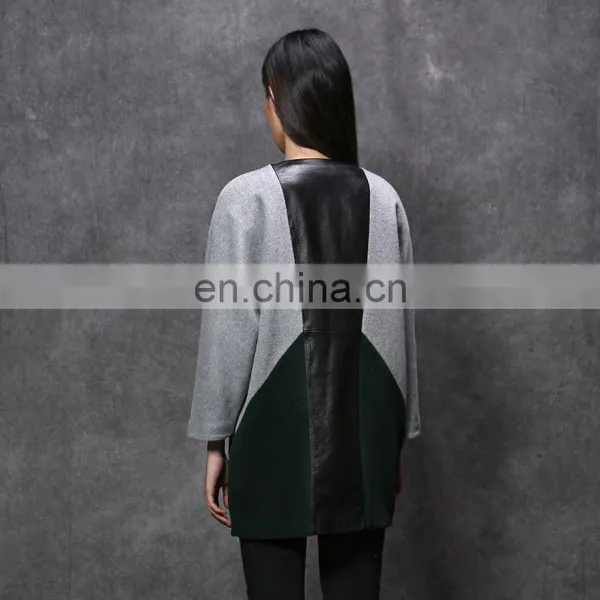 Wool Coat With Leather Patchwork Design for Women photo-5