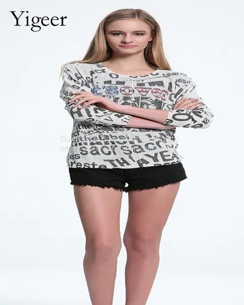 Long Sleeve Printed Word Round Neck Knitted Top Shirt