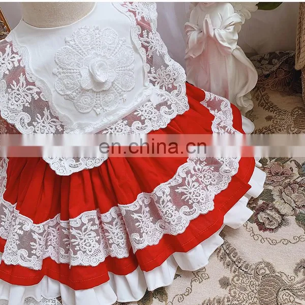 2020 Summer Spanish Lolita Princess Dress Baby Girl Clothes Lace Stitching Red Dress for Girl Birthday Party Vestidos photo-5