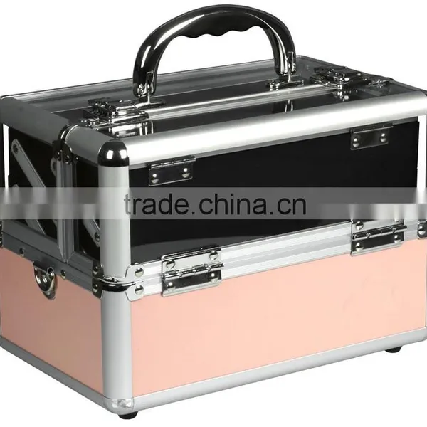 Aluminum Makeup Train Case Clear Acrylic Top, Travel Cosmetic Box W/2 Trays, Mirror and Shoulder Strap,Pink Beauty Cosmetic Case photo-2