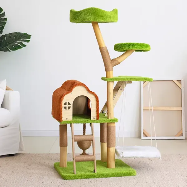 Natural Wood Cat Tree With Sisal Scratching Posts and Hanging Swing for Pet Comfort