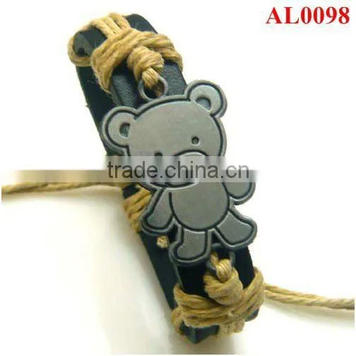 Girl's Cute Bracelet,genuine Leather Bracelet With Little Bear, Stainless Alloy Bracelet in Wax Cord AL0098
