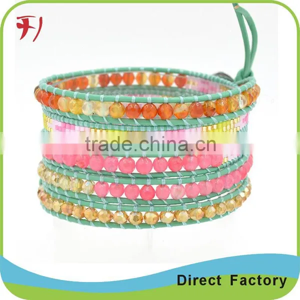 Most Stylish Multicolored Crystal And Thread On Brown Wrap Leather Bracelet Jewlery