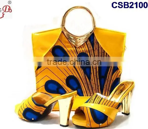 CSB2100 New Coming Hot Sale Fantastic Adorable Design Yellow Red Set High Heel Casual Slippers Shoes Matching Bag Set photo-3