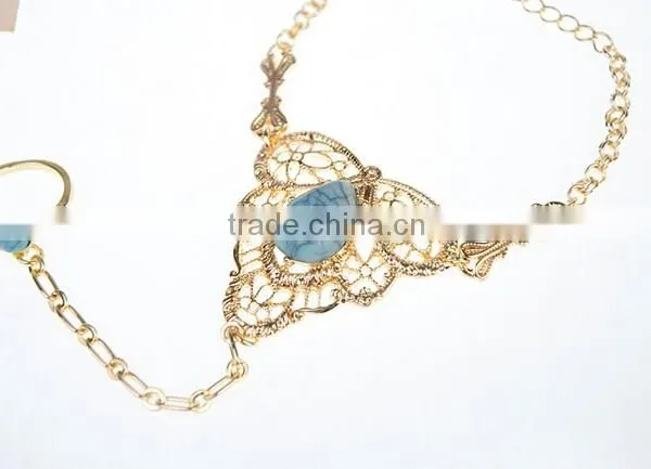 Womens Gold Slave Chain Finger Ring Bangle Hand Harness Bracelet Turquoise Beads photo-3