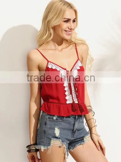 Tank-Tops&Camis Latest Fashion Design Women Clothing Burgundy Appliques Tie Ruffle Hem Cami Top