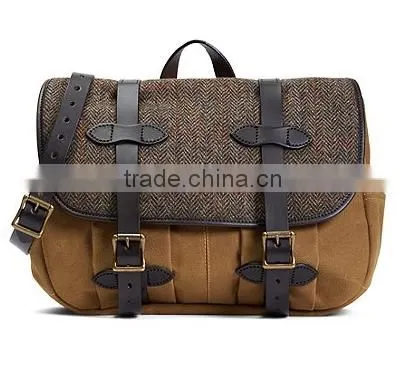 Tweed Fabric and Leather Canvas Messenger Bag