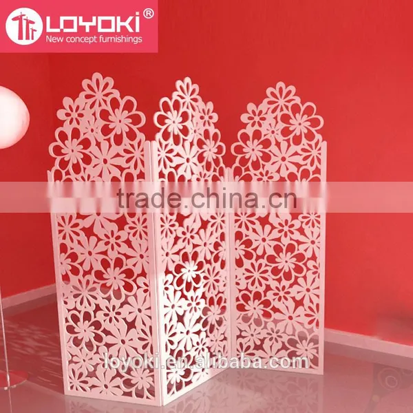 Home Decor White 3 Panel Handcrafted Wood Room Divider Screen MDF Wood Flower Carving Room Divider