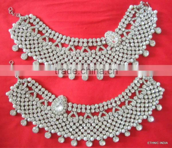Bridal Silver Crystal Broad Payal ANKLETS Pair Feet Bracelet photo-4