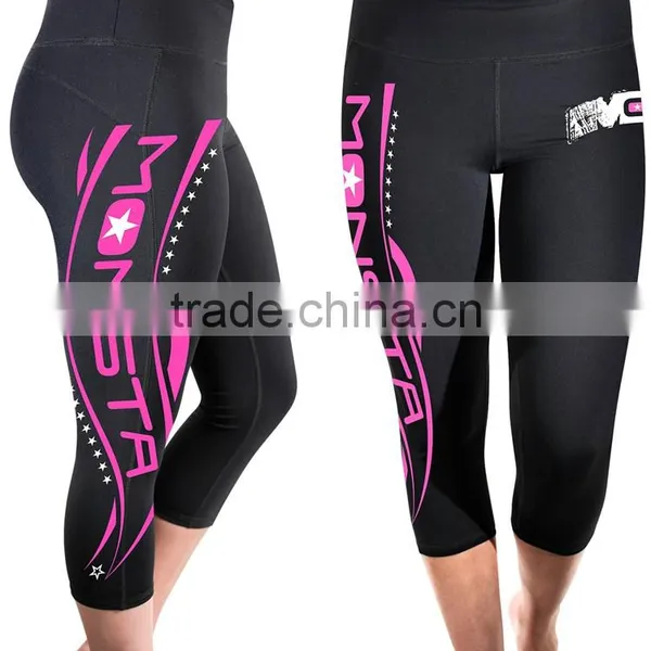 OEM 88% Polyamide 12% Elastane Compression Legging Fit Tight Fitness Waist Flag Capri Pants photo-3