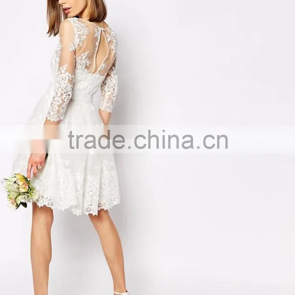 MGOO Design Long Sleeve Lace Mini Dress Bridal Grown With Floral Pattern Pure White Beach Wedding photo-3