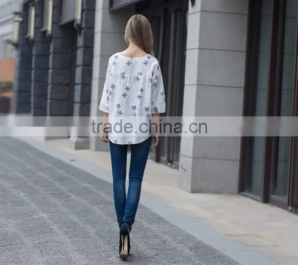 Cotton Linen Ladies' Loose Fit Casual Blouse Summer Blouse Fashion Loose Style Blouse photo-3
