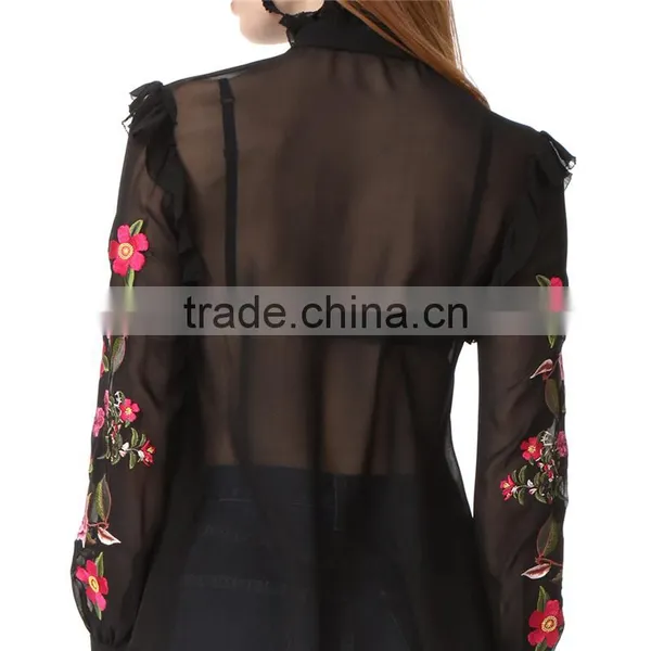 2017 OEM Peony Embroidered Silk-chiffon Button Keyhole Ruffle Blouse photo-4