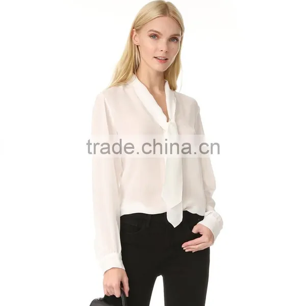 2017 OEM Casual Fine Beam Sleeve Silk Blouse With Neck Tie photo-6