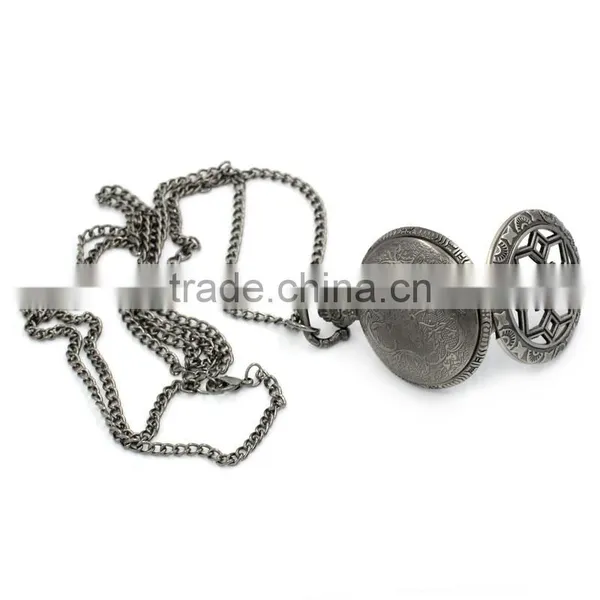 Cheap Gunmetal Chain Hollow Round Quartz Pocket Watch Necklace photo-2