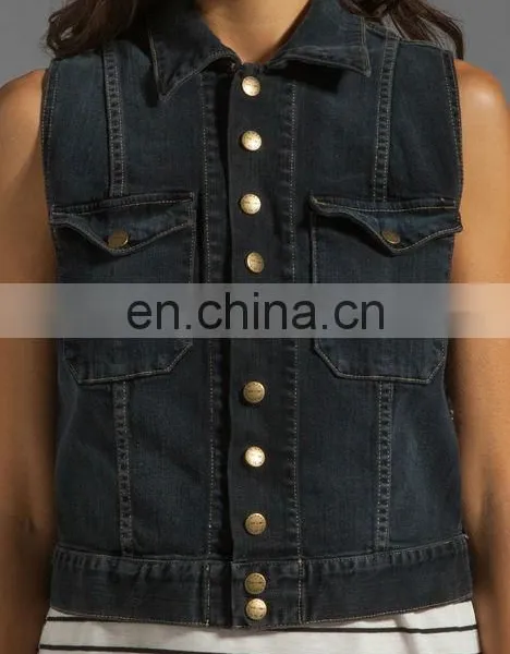 Fashion Women Denim Vest Washed Sleeveless Snap Black Denim Jacket photo-4